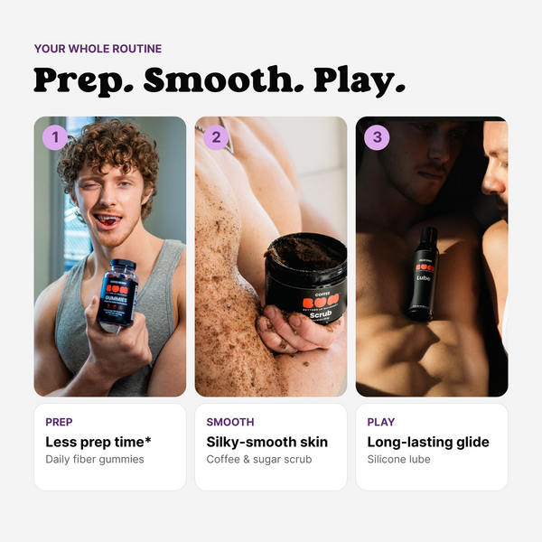 The Bottom Box routine in three steps: fiber gummies to prep, coffee scrub to smooth, silicone lube to play