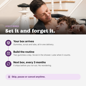 Couple relaxing on the stairs; how the Bottom Box works: it arrives, you build the routine, the next box ships in 3 months