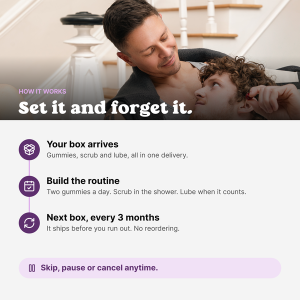Couple relaxing on the stairs; how the Bottom Box works: it arrives, you build the routine, the next box ships in 3 months