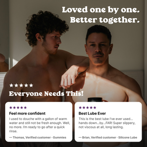 Two men standing close together, with five-star reviews of BUM Gummies and Silicone Lube