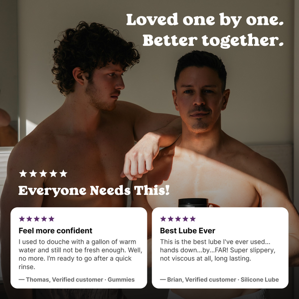 Two men standing close together, with five-star reviews of BUM Gummies and Silicone Lube