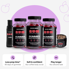 The Bottom Box: three bottles of BUM fiber gummies, an 8 oz coffee body scrub and a 4 oz silicone lube