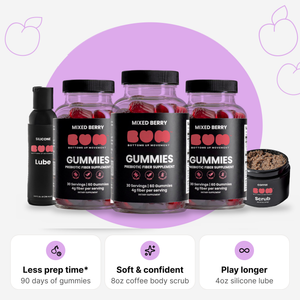 The Bottom Box: three bottles of BUM fiber gummies, an 8 oz coffee body scrub and a 4 oz silicone lube