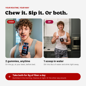 Man chewing BUM Gummies and drinking BUM Cleanse in water; take both for 8g of fiber a day