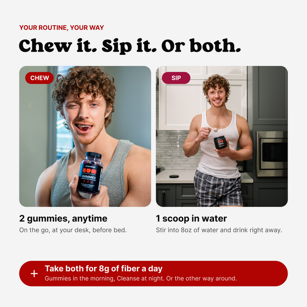 Man chewing BUM Gummies and drinking BUM Cleanse in water; take both for 8g of fiber a day
