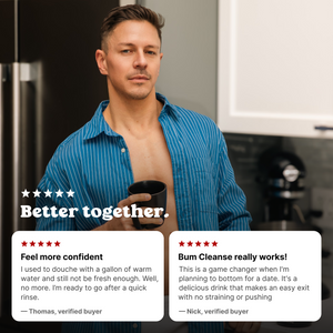 Man holding a drink of BUM Cleanse with two five-star reviews of the fiber bundle