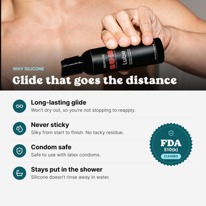 Pouring BUM Silicone Lube; long-lasting, never sticky, condom safe, stays put in the shower, FDA 510(k) cleared