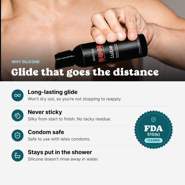 Pouring BUM Silicone Lube; long-lasting, never sticky, condom safe, stays put in the shower, FDA 510(k) cleared