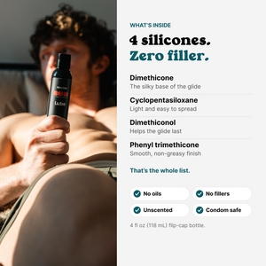 Man holding BUM Silicone Lube; ingredients: dimethicone, cyclopentasiloxane, dimethiconol, phenyl trimethicone