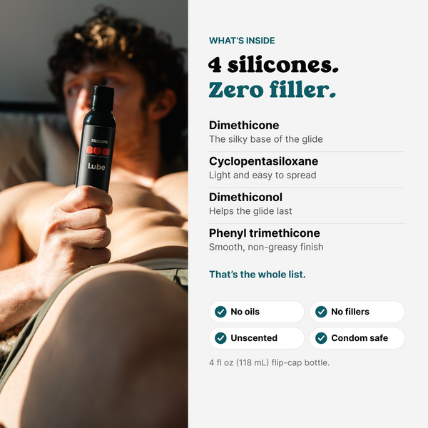 Man holding BUM Silicone Lube; ingredients: dimethicone, cyclopentasiloxane, dimethiconol, phenyl trimethicone