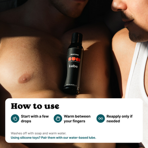 BUM Silicone Lube resting on a man's chest; how to use: start with a few drops, warm in your fingers, reapply if needed