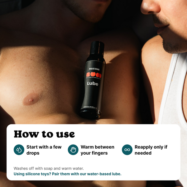 BUM Silicone Lube resting on a man's chest; how to use: start with a few drops, warm in your fingers, reapply if needed