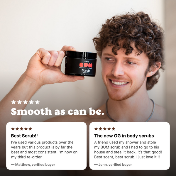 Smiling man holding BUM Coffee Scrub with two five-star customer reviews