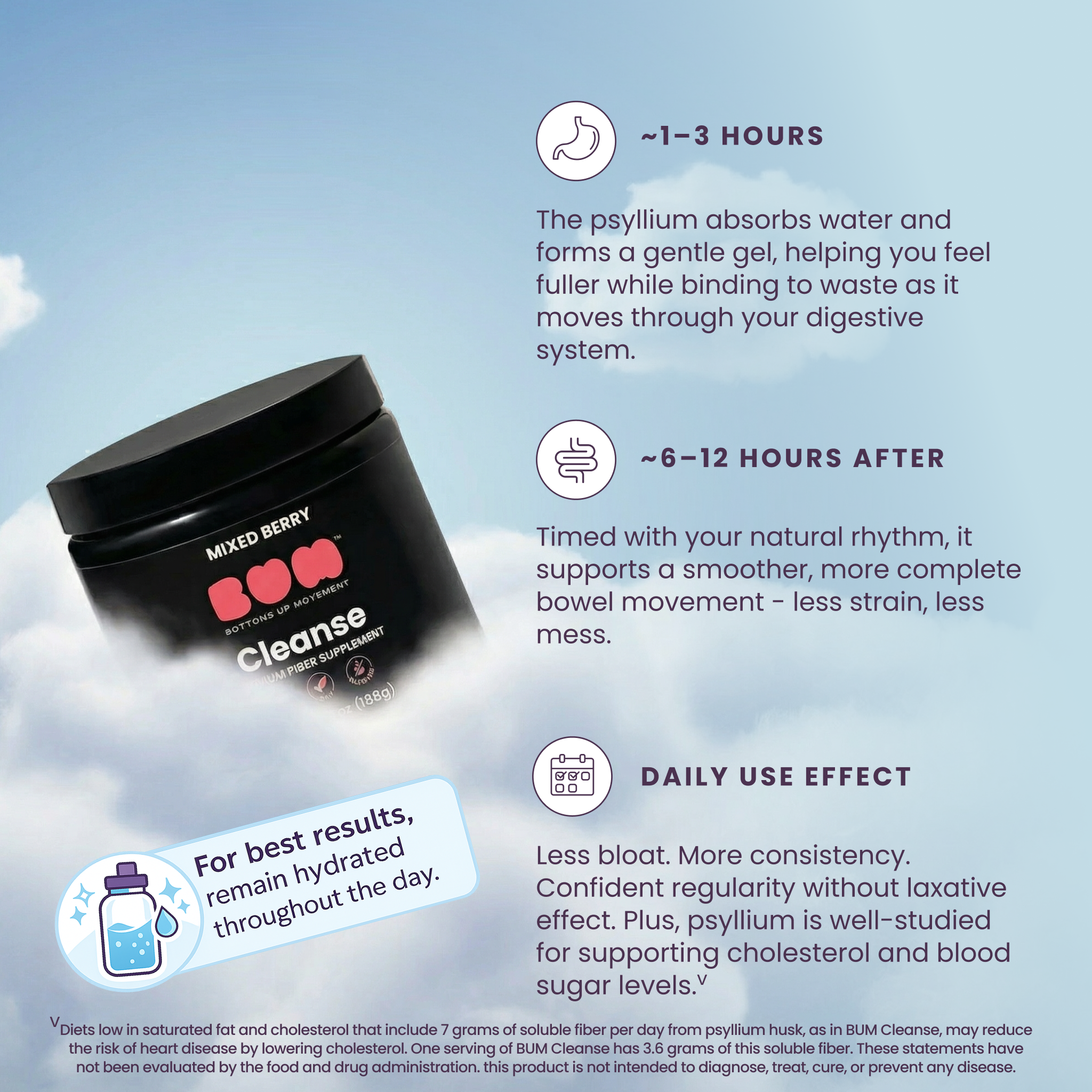 BUM Cleanse, Psyllium Husk Fiber Powder, Mixed Berry Flavored with Stevia