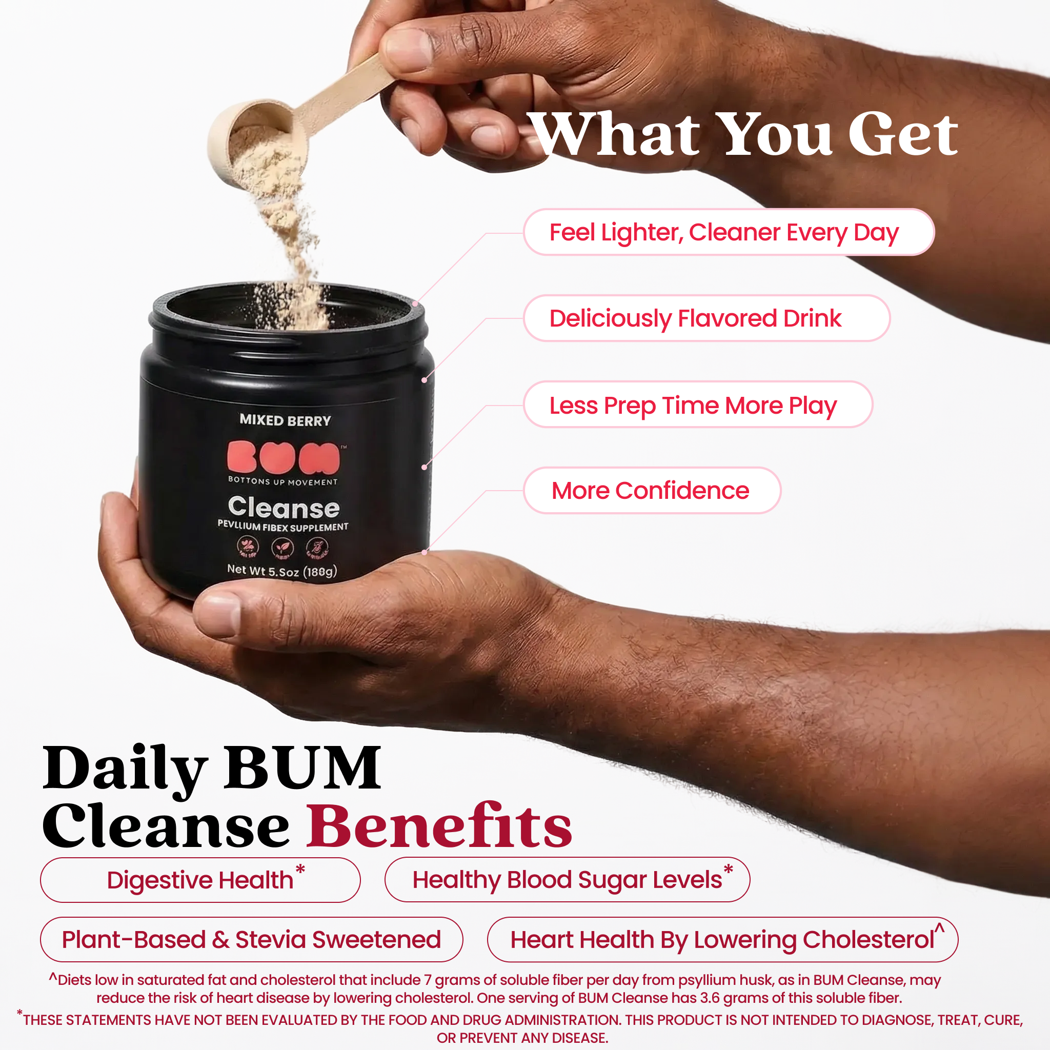 BUM Cleanse, Psyllium Husk Fiber Powder, Mixed Berry Flavored with Stevia