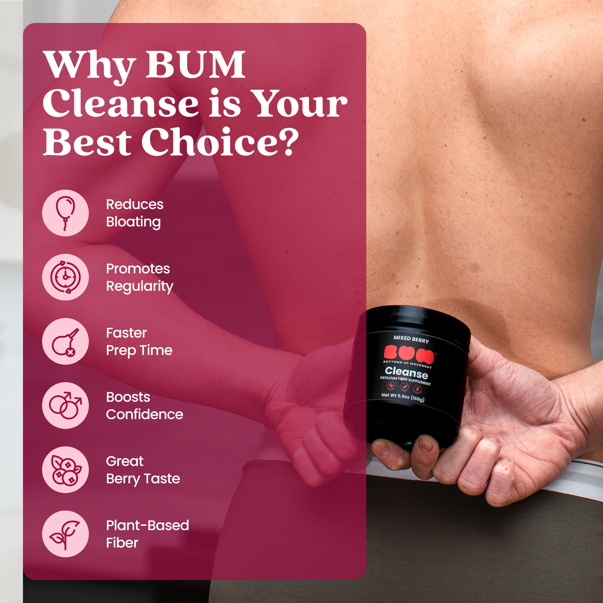 BUM Cleanse, Psyllium Husk Fiber Powder, Mixed Berry Flavored with Stevia
