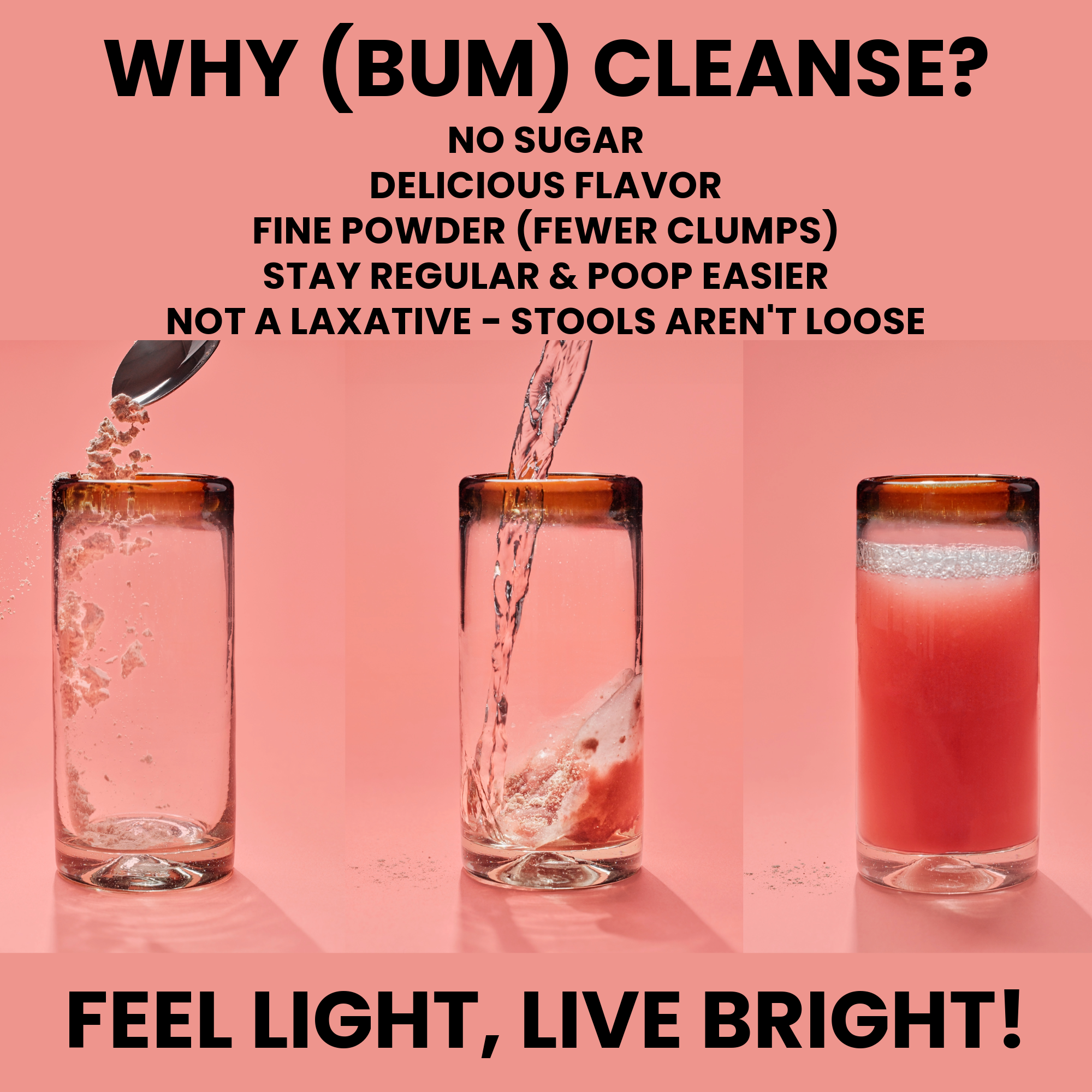 Image explaining benefits of Bum cleanse with glasses filled with water