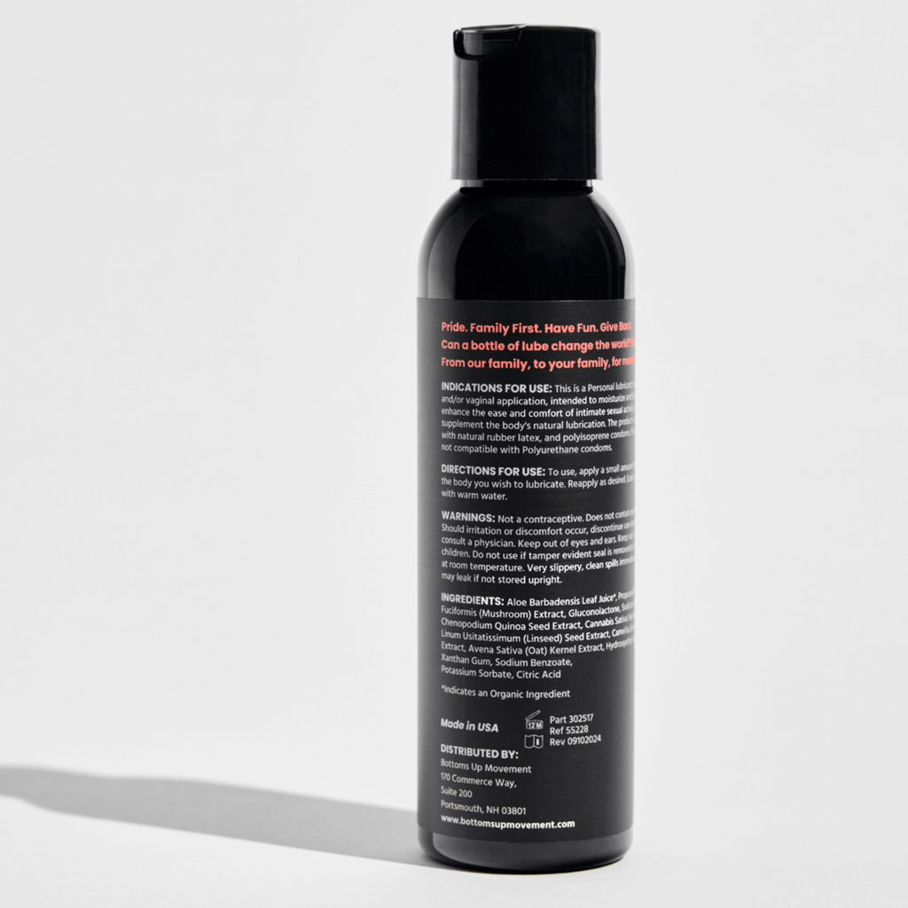 Back of black bottle for Bum lube on a white background.