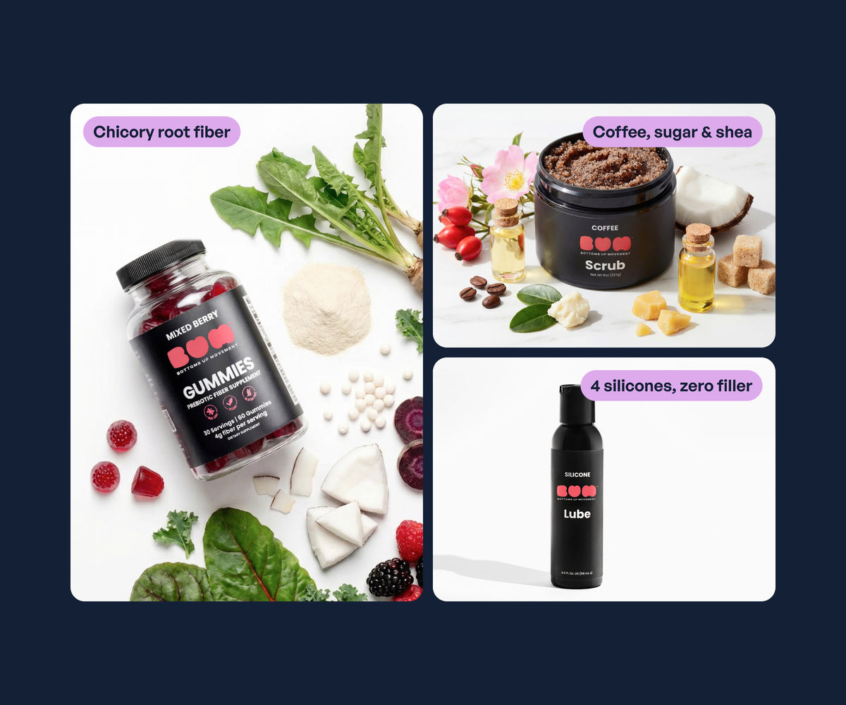 BUM fiber gummies with chicory root, coffee scrub with coffee, sugar and shea, and silicone lube